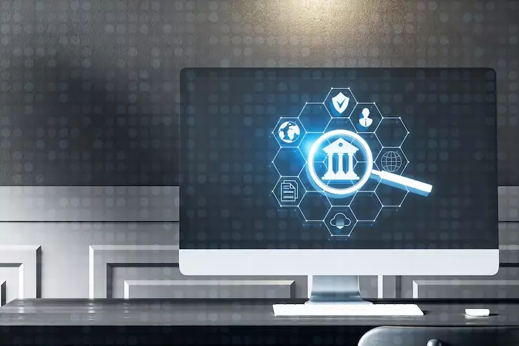 vue-rapprochee-ecran-ordinateur-hologramme-banque-ligne-hexagonal-brillant-creatif-ecrans-arriere-pl.webp
